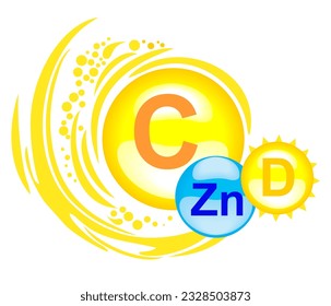 Vitamin C, D, Zn Complex.  Medical image. Bubbles. Vector Illustration 