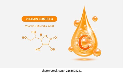 Vitamin C drop and structure isolated on white background. Vitamin solution complex orange balls with bubbles. Beauty treatment nutrition skin care design. Medical scientific concepts. 3D vector.