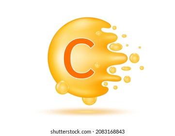 Vitamin C drop water. Vitamin complex from nature. Beauty treatment nutrition skin care design. Medical and scientific concept. Orange pill capsule isolated on white background. 3D Realistic Vector.