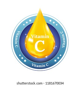 Vitamin C droplet label vector. Symbol for healthy and beauty concept. Button, sign, icon or badge.