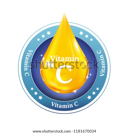 Vitamin C droplet label vector. Symbol for healthy and beauty concept. Button, sign, icon or badge.