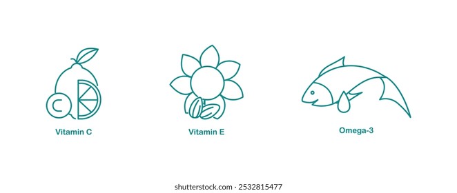 Iconos de vitamina C, vitamina E y omega-3 para una Asistencia nutricional integral