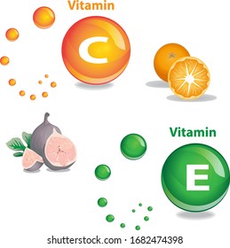 Signo e ilustración de vitamina C y vitamina E