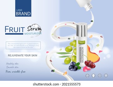 Vitamin C essence ads with fruit and flower with droplet bottle and splashing milk, 3d illustration top view