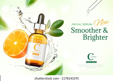 Vitamin C essence ads with orange and transparent liquid floating in the air, 3d illustration green tone background