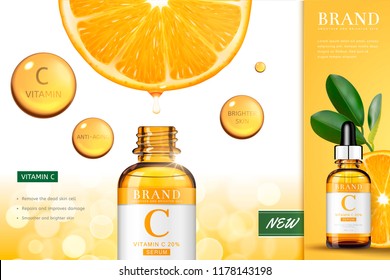 Vitamin C essence ads with sliced orange serum dripping down into the droplet bottle, 3d illustration bokeh background