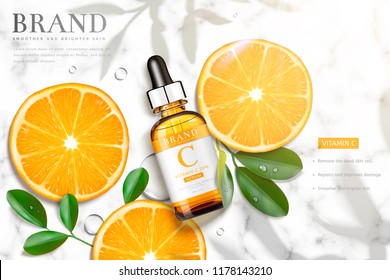 Vitamin C essence ads with sliced orange and droplet bottle laying on marble stone table, 3d illustration top view