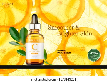 Vitamin C essence ads with translucent sliced orange and droplet bottle, 3d illustration