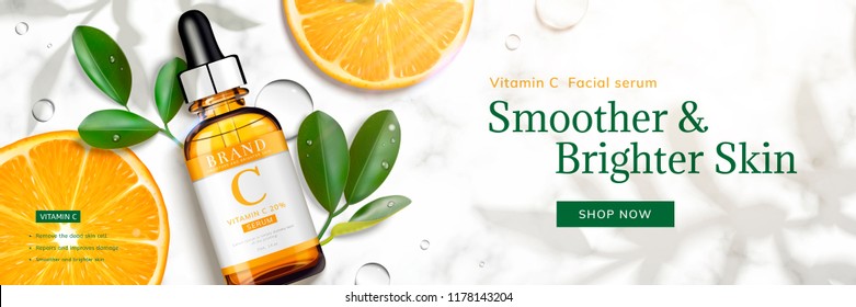 Vitamin C essence banner ads with sliced orange and droplet bottle laying on marble stone table, 3d illustration top view