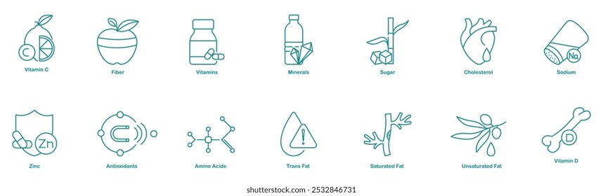 Vitamin C, Fiber, Vitamins, Minerals, Sugar, Cholesterol, Sodium, Zinc, Antioxidants, Amino Acids, Trans Fats, Saturated Fats, Unsaturated Fats, and Vitamin D Icons 