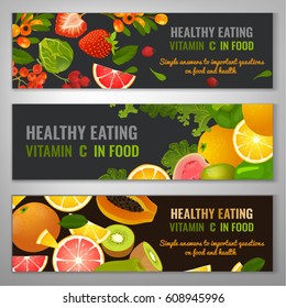 Vitamin C in food. Beautiful vector illustration with different vegetabes, fruits and berries. Landscape banners set in bright colours on dark grey and brown backgrounds.  