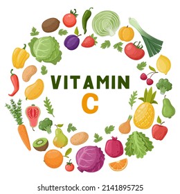 Vitamin c food, fruits and vegetable, nutrition diet antioxidant, avocado and carrot. Natural vitamin C sources, nutrition antioxidant kiwi and lemon vector symbols illustrations