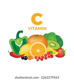 Vitamina C en el vector de ícono alimentario. Ilustración vectorial de fuentes alimentarias de vitamina C aislada en un fondo blanco. Pila de frutas y verduras frescas sanas