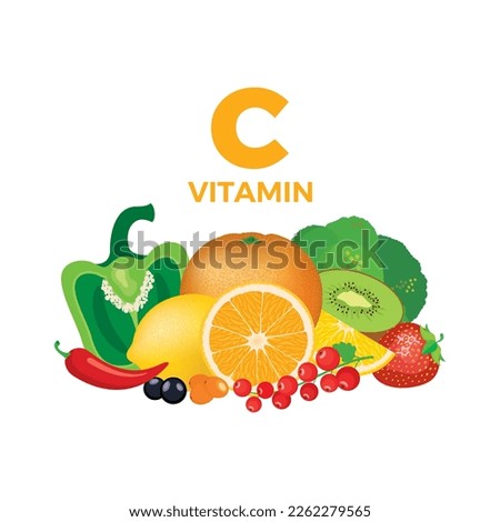 Vitamin C in food icon vector. Vitamin C food sources vector illustration isolated on a white background. Pile of healthy fresh fruits and vegetables drawing
