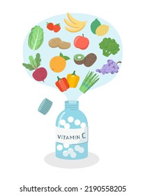 Vitamin C and food products containing vitamins C. Vector illustration.