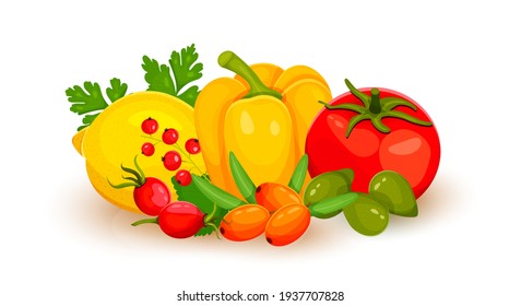Vitamin C food source vector illustration. Foods containing ascorbic acid. Fruits and vegetables.lemon, pepper, tomato, sea buckthorn, red currant, cockatoo plum, wild rose . Vector illustration