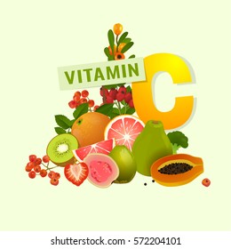 Vitamin C Food Source Vector Illustration. Foods Containing Ascorbic Acid With A Letter. Fruits And Vegetables - Fresh Oranges, Strawberries, Berries, Peppers, Greens Isolated On Dark Grey Background