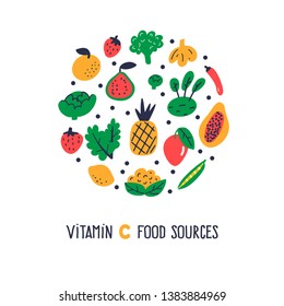 Vitamin C food sources collection. Vector cartoon illustration, isolated on white. Circle composition
