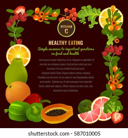 Vitamin C food sources. Healthy eating graphic concept with vector illustrations and copyspace. Useful for health magazines, culinary web sites and restaurant menus. Diet and organic template.