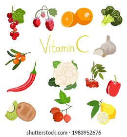 Vitamin C. Foods with vitamin C. Set of products
