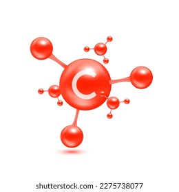 Vitamina C en forma de moléculas de átomos rojizo. Icono 3D aislado en fondo blanco. Complejo de vitaminas minerales. Concepto médico y científico. Ilustración del vector EPS10.