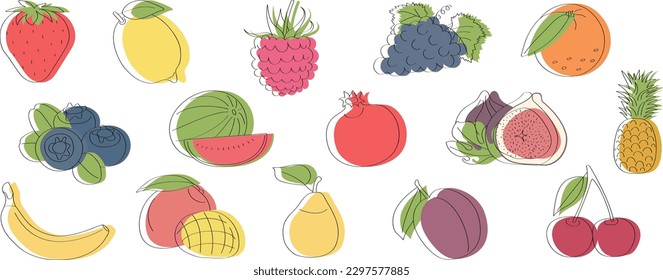 Vitamin C fruits and berries set - flat cartoon vector illustration. Doodle template for children's educational books and magazines and packaging for juices and diet food.