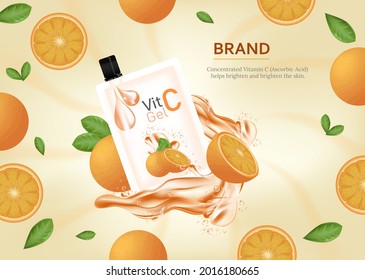 Vitamin C ,Gel, Collagen essence ads with sliced orange and droplet bottle  3d illustration 