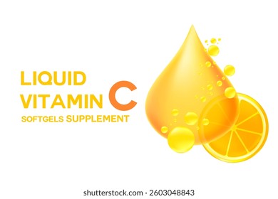 Vitamin C glowing 3D icon liquid drop bubble isolated, transparent background. Rich fluid orange or lemon ascorbic acid with flowing bubbles, health nutrition supplement, beauty skin serum products