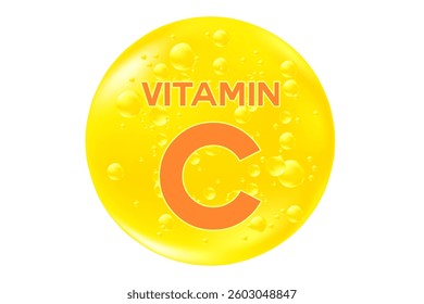 Vitamin C glowing 3D icon liquid droplet bubble, isolated, transparent background. Rich fluid ascorbic acid drop with flowing bubbles, health nutrition supplement, beauty skin serum products