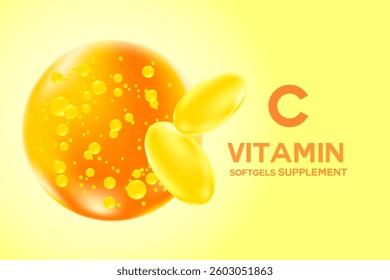 Vitamin C glowing 3D icon liquid droplet bubble, watercolor gradient background. Rich fluid ascorbic acid with flowing bubbles, health nutrition supplement, beauty skin serum products