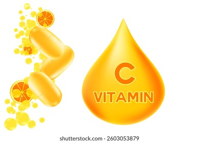 Vitamin C glowing 3D icon liquid drop bubble isolated, transparent background. Rich fluid orange or lemon ascorbic acid with flowing bubbles, health nutrition supplement, beauty skin serum products