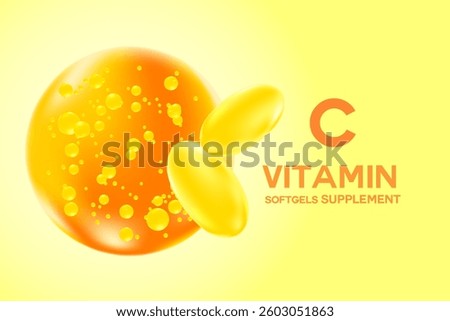 Vitamin C glowing 3D icon liquid droplet bubble, watercolor gradient background. Rich fluid ascorbic acid with flowing bubbles, health nutrition supplement, beauty skin serum products