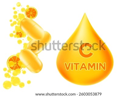 Vitamin C glowing 3D icon liquid drop bubble isolated, transparent background. Rich fluid orange or lemon ascorbic acid with flowing bubbles, health nutrition supplement, beauty skin serum products