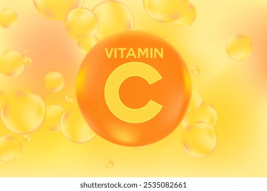 Elemento ou bolha brilhante da molécula 3D da vitamina C, fundo do gradiente da aquarela. Alaranjado fluido rico, bolhas fluindo cor de limão, banner de produtos de pele suplemento, apresentação, design infográfico