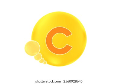 Vitamin C glowing 3D molecule element or bubble, watercolor gradient background. Rich fluid orange, lemon color flowing bubbles, supplement skin products banner, presentation, infographic design