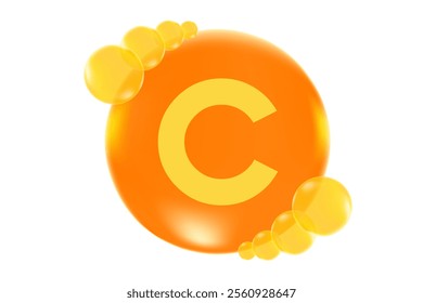 Vitamin C glowing 3D molecule element or bubble, watercolor gradient background. Rich fluid orange, lemon color flowing bubbles, supplement skin products banner, presentation, infographic design