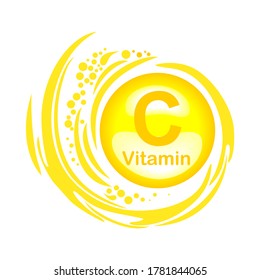 Vitamin C. Vitamin C gold icon. Ascorbic acid vitamin drop pill capsule. Shining golden essence droplet. Beauty treatment nutrition skin care design. 3d render. Vector illustration.