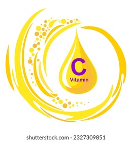 Vitamin C. Vitamin C gold icon. Ascorbic acid vitamin drop pill capsule. Shining golden essence droplet. Beauty treatment nutrition skin care design. 3d render. Vector illustration.