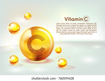 Vitamin C Gold Shining Icon. Ascorbic Acid. Shining Golden Substance Drop. Nutrition Skin Care. Vector Illustration.