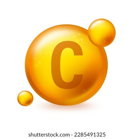 Vitamin C gold shining pill capcule icon. Pill capcule vector illustration on white isolated background