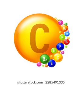 Icono de la cápsula de la píldora dorada de la vitamina C. Complejo de vitaminas de colores. Ilustración vectorial de la cápsula de la píldora sobre fondo aislado blanco