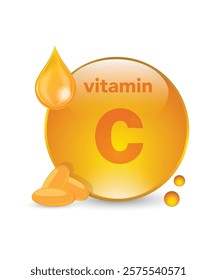 Vitamin C gold shining pill capcule icon . Vitamin complex with Chemical formula, Ascorbic acid. Shining golden substance drop. Meds for heath ads. Treatment cold flu . Vector illustration