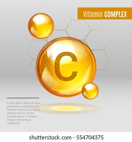 Vitamin C gold shining pill capcule icon . Vitamin complex with Chemical formula, Ascorbic acid. Shining golden substance drop. Meds for heath  ads. Treatment cold flu . Vector illustration