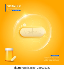 Vitamin C gold shining pill  with Chemical formula, Ascorbic acid. vector design.