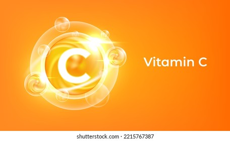 Vitamin C golden vector treatment. Vitamin gold oil pill icon. Skin care natural nutrition. Ascorbic antioxidant acid drop. Orange medicine capsule.