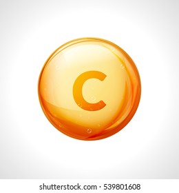 Vitamin C golden vector treatment. Vitamin gold oil pill icon. Skin care natural nutrition. Ascorbic antioxidant acid drop. Orange medicine capsule.