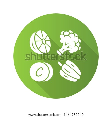 Vitamin C greeen flat design long shadow glyph icon. Lemon, broccoli and bell pepper. Healthy eating. Ascorbic acid natural food source. Vegetables. Proper nutrition. Vector silhouette illustration