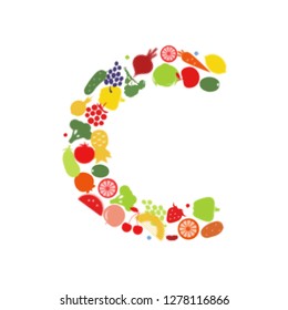Vitamin C. Halftone Fruits and vegetables vector concept. Fruits and vegetables highest in vitamin C composing C letter shape