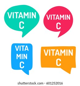 Vitamin C. Hand Drawn Speech Bubbles. Vector Set Of Icon Illustration On White Background.