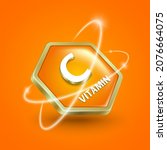 vitamin c hexagon logo label with light revolving around for designing food advertisements for nutritional purposes,vector 3d on orange background